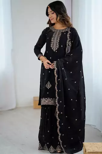Black soft crunchy silk fabric with fancy embroidery sequence and jari work full stitch sharara set