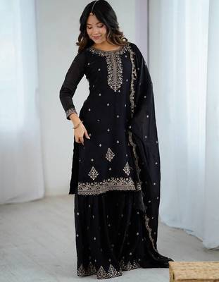 Black soft crunchy silk fabric with fancy embroidery sequence and jari work full stitch sharara set 4