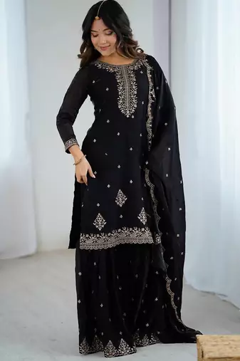 Black soft crunchy silk fabric with fancy embroidery sequence and jari work full stitch sharara set