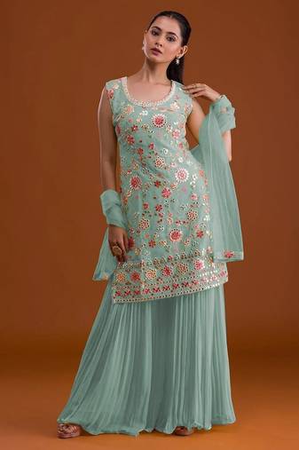 Faux georgette with embroidered multi thread work unstitched plazzo suit