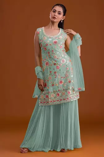 Faux georgette with embroidered multi thread work unstitched plazzo suit