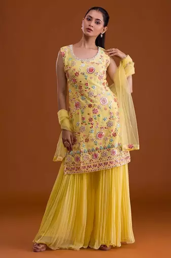 Faux georgette with embroidered multi thread work unstitched plazzo suit