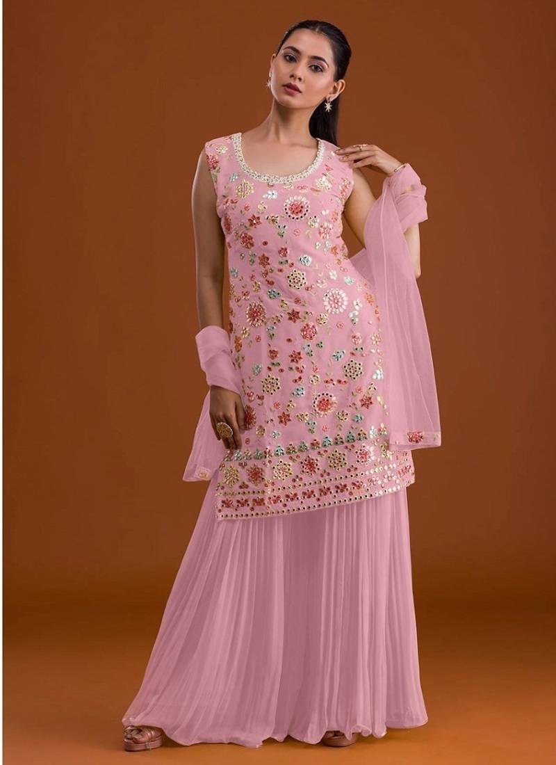 Faux georgette with embroidered multi thread work unstitched plazzo suit