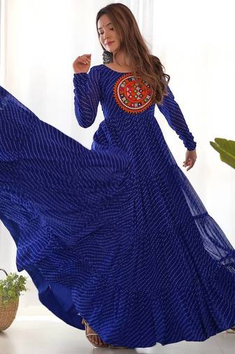 Blue  pure soft fox georgette laheriya print fabric fully flair anarkali fully sttiched gown ready to wear