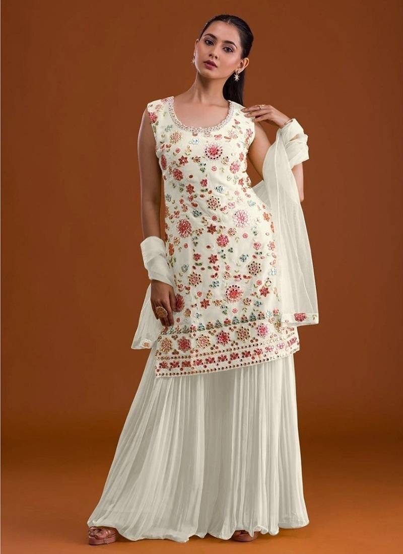 Faux georgette with embroidered multi thread work unstitched plazzo suit