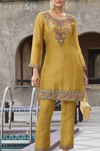 Rajshree amber yellow silk blend embroidered co ord sets