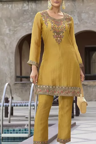 Rajshree amber yellow silk blend embroidered co ord sets