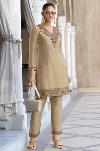 Rajshree tan brown silk blend embroidered co ord sets