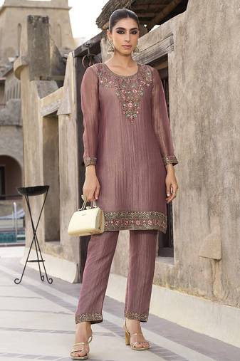 Rajshree caramel purple silk blend embroidered co ord sets