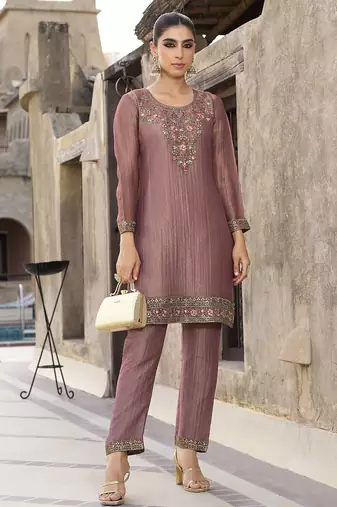 Rajshree caramel purple silk blend embroidered co ord sets