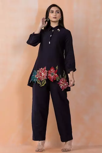 Sabhya raven black viscose rayon embroidered co ord sets