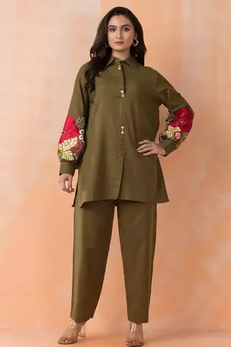Sabhya olive olive viscose rayon embroidered co ord sets