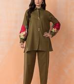 Sabhya olive olive viscose rayon embroidered co ord sets