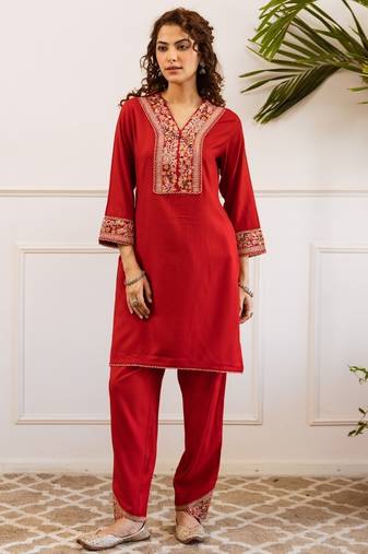 Kabool vermi red cotton embroidered co ord sets