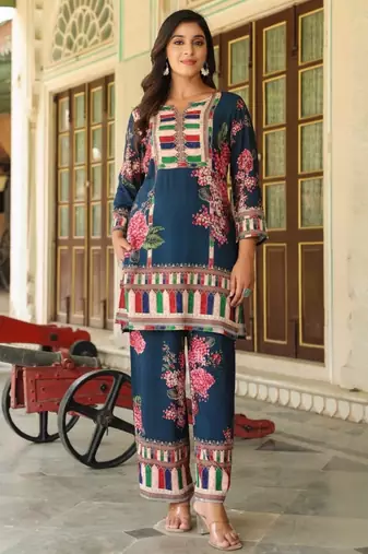 Mahua prussian teal cotton embroidered co ord sets