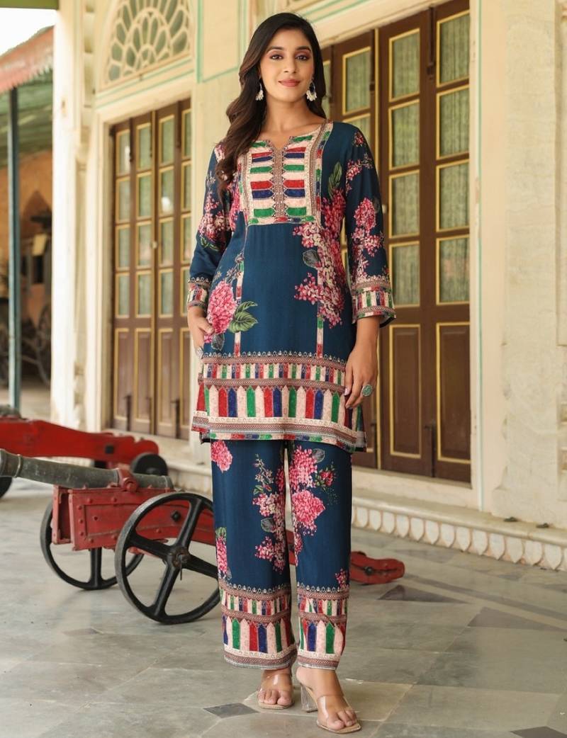 Mahua prussian teal cotton embroidered co ord sets