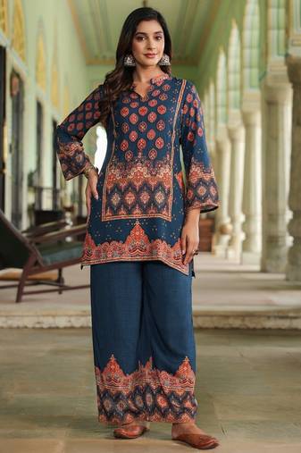 Mahua midnight teal cotton printed co ord sets