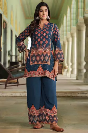 Mahua midnight teal cotton printed co ord sets