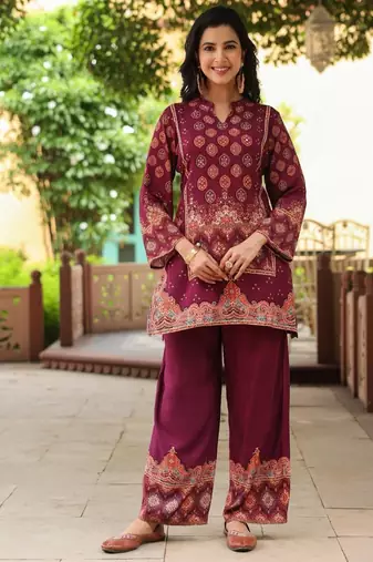 Mahua mulberry maroon cotton printed co ord sets
