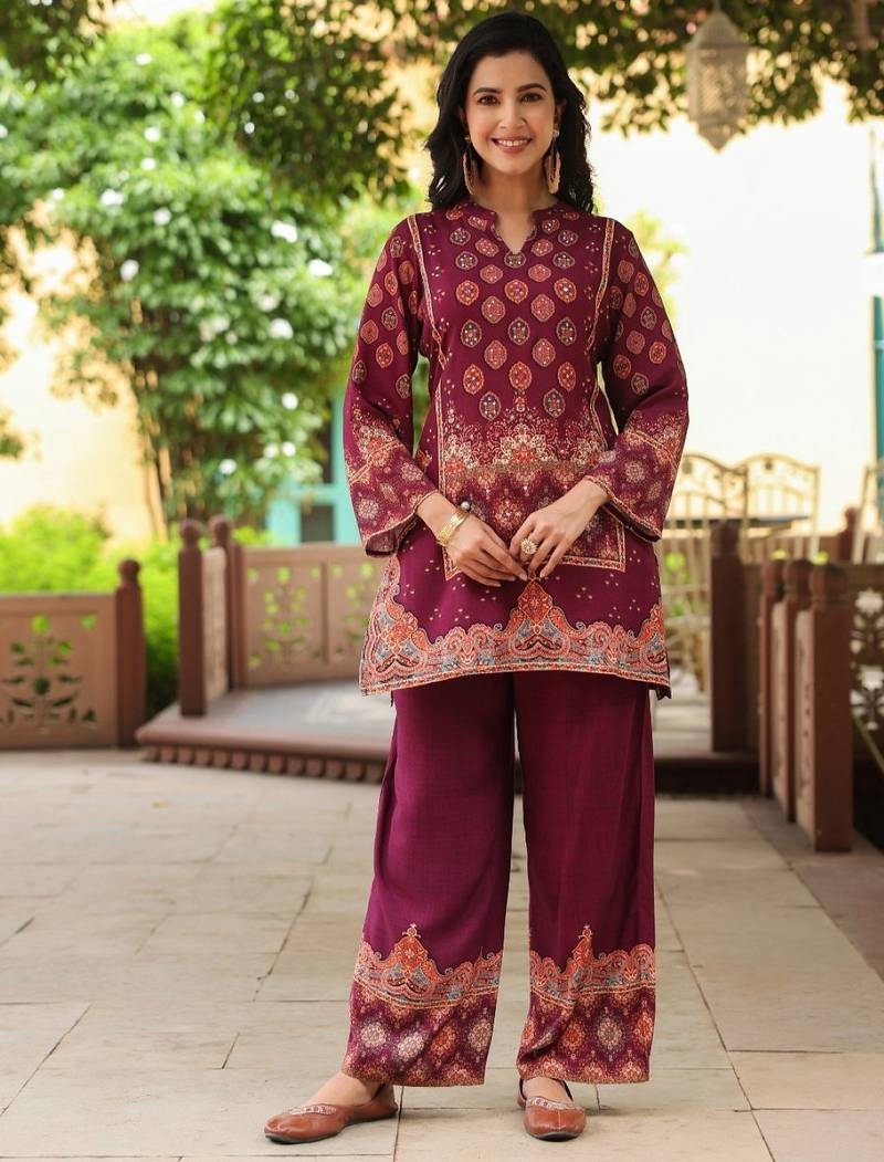 Mahua mulberry maroon cotton printed co ord sets