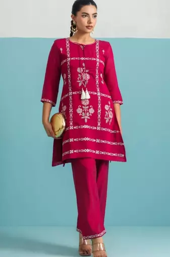 Parikrama flamingo red cotton embroidered co ord sets