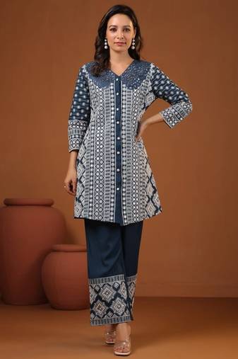 Sanmati mirage teal cotton embroidered co ord sets