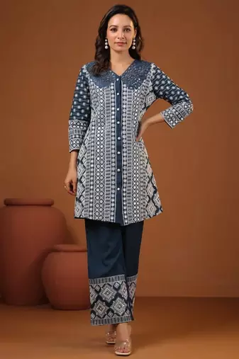 Sanmati mirage teal cotton embroidered co ord sets