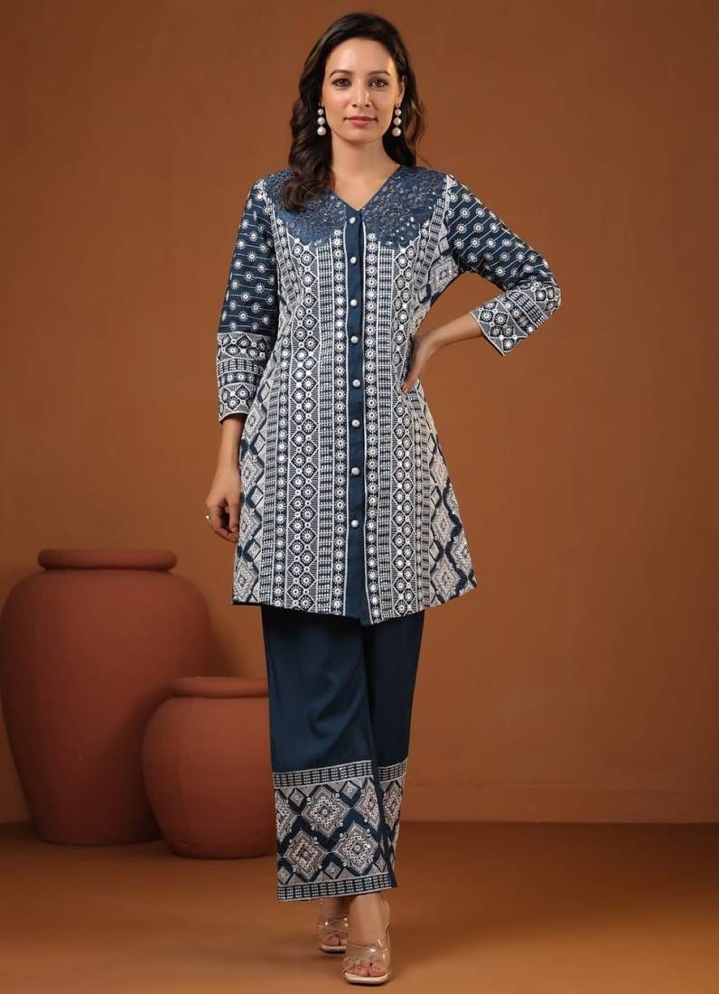Sanmati mirage teal cotton embroidered co ord sets