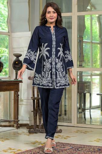 Sanmati azure blue cotton embroidered co ord sets