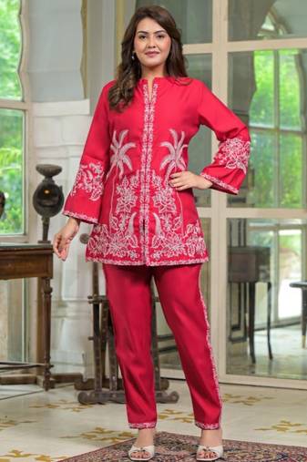 Sanmati scarlet red cotton embroidered co ord sets