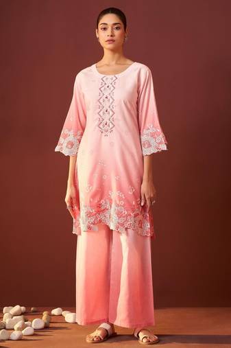 Ira salmon rose cotton embroidered co ord sets