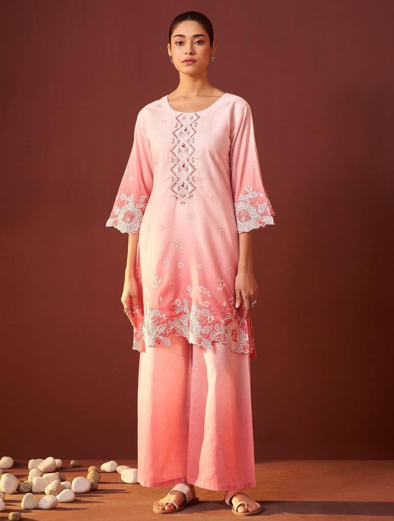 Ira salmon rose cotton embroidered co ord sets