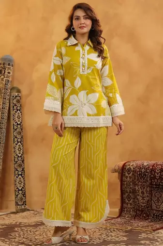 Mahua sunshine yellow cotton printed co ord sets
