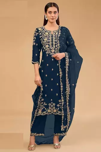 Teal silk semi stitched wedding suits
