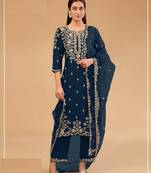 Teal silk semi stitched wedding suits