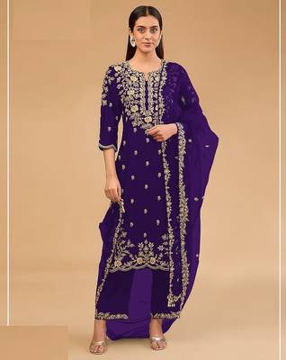 Dark purple silk semi stitched wedding suits 1