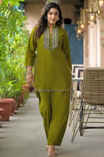 Bali moss green viscose rayon embroidered co ord sets