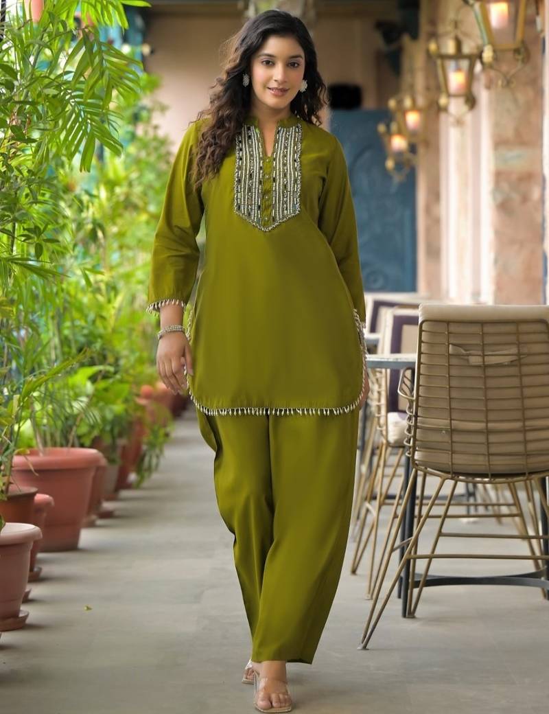 Bali moss green viscose rayon embroidered co ord sets