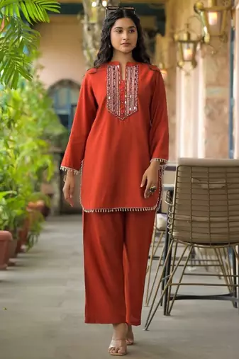 Bali apricot red viscose rayon embroidered co ord sets