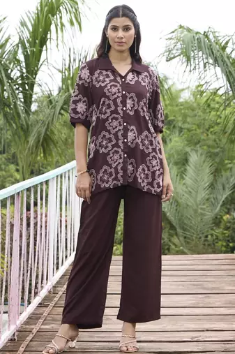 Sharad jam brown cotton embroidered co ord sets