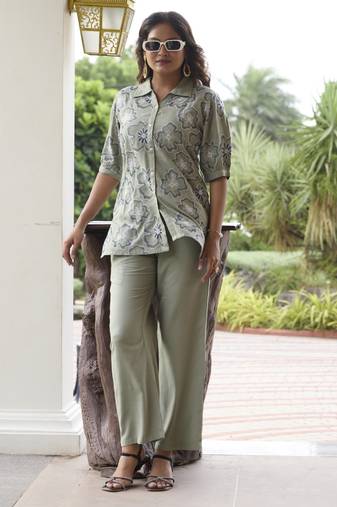 Sharad slate grey cotton embroidered co ord sets