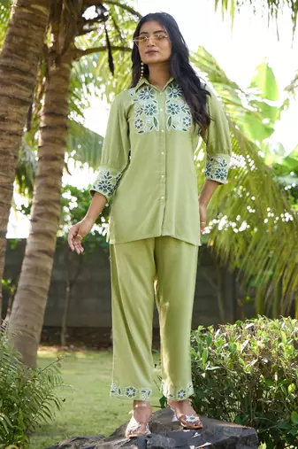 Sharad fern green cotton embroidered co ord sets