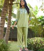 Sharad fern green cotton embroidered co ord sets