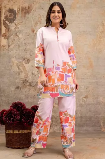 Hardik oyster off white cotton printed co ord sets