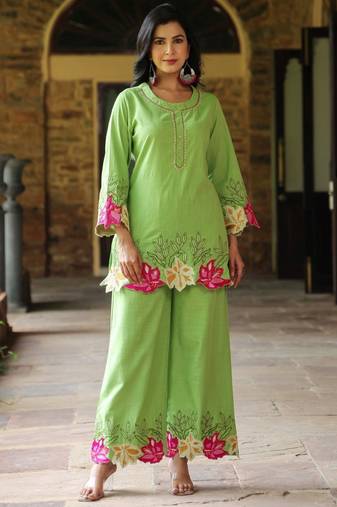 Mahua kelly green cotton embroidered co ord sets