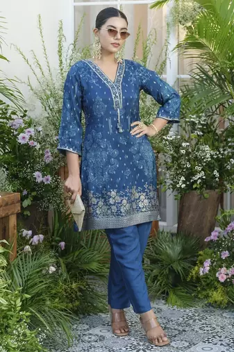 Palash indi blue jacquard embroidered co ord sets