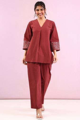 Raftar jam brown cotton embroidered co ord sets