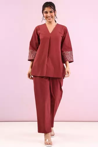 Raftar jam brown cotton embroidered co ord sets
