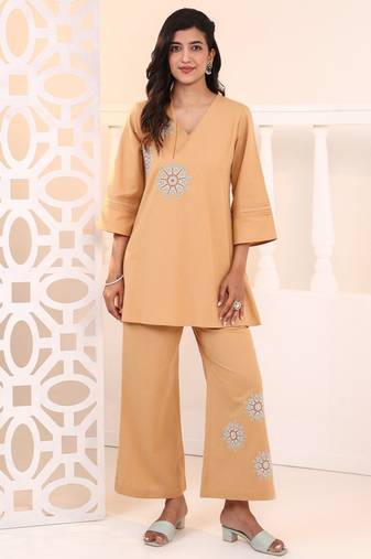 Raftar tan beige cotton embroidered co ord sets
