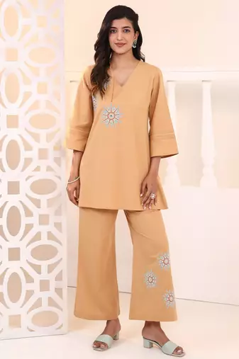 Raftar tan beige cotton embroidered co ord sets